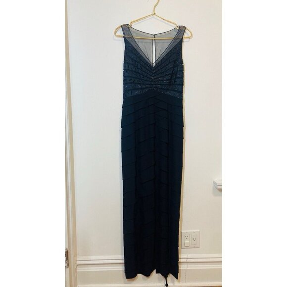 Chetta B Sherrie Bloom Peter Noviello Navy Silk Gown Dress Tiered Mermaid Size 4 - Picture 4 of 13
